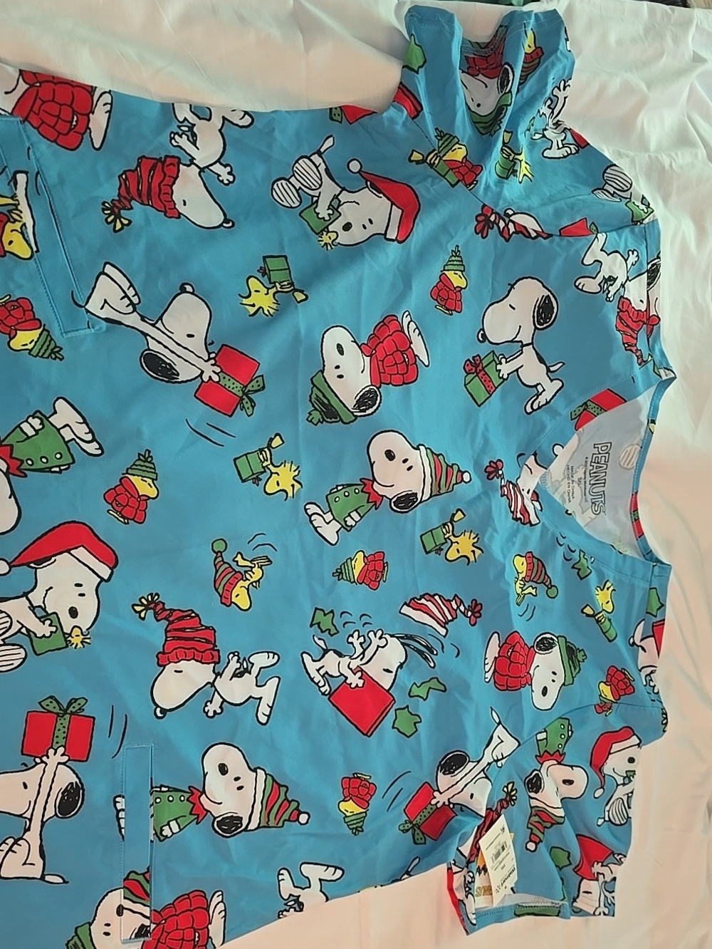 Peanuts Snoopy Holiday Print Blue Scrub Top
